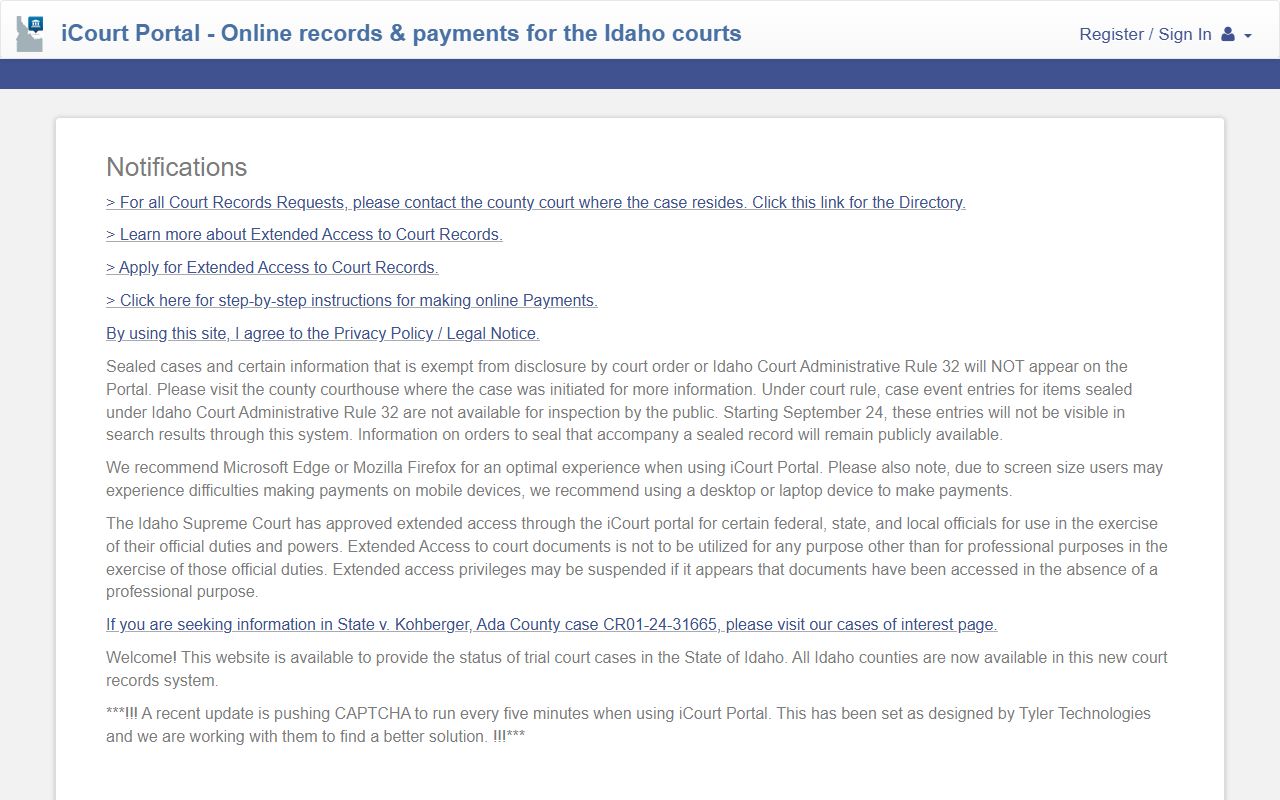 Idaho iCourt Portal for Owyhee County court records after jail arrest