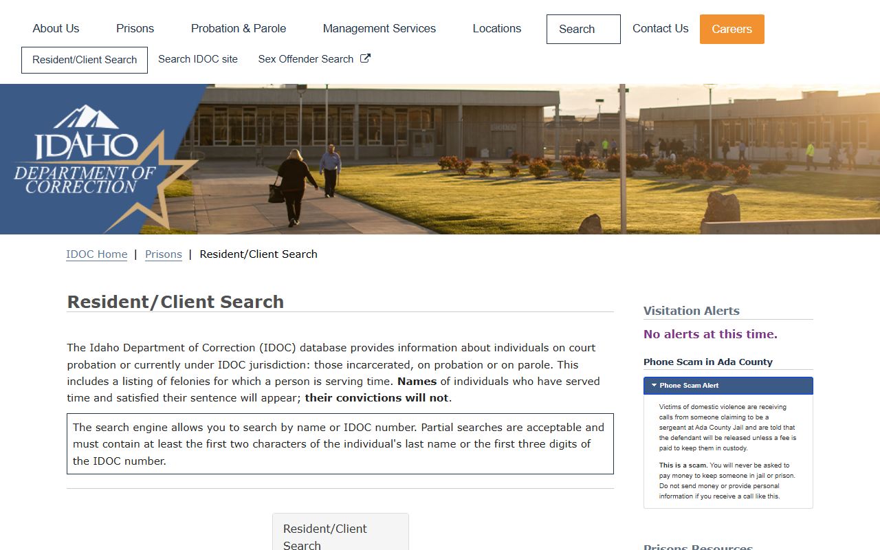 IDOC Resident Client Search fallback for Owyhee County inmate records