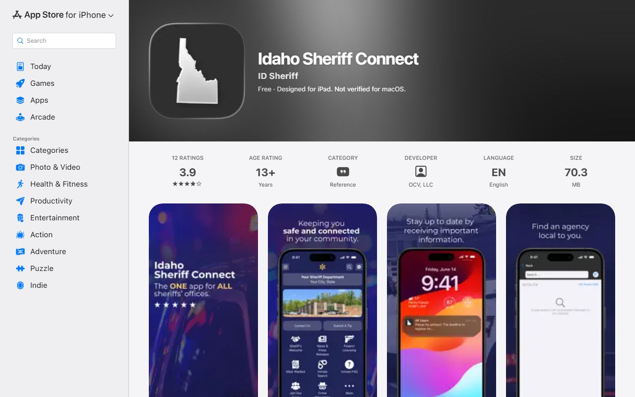 Idaho Sheriff Connect app listing for Owyhee County jail information context